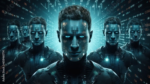 Cyber security concept. Same-face humanoid robots, ai, artificial intelligence, robotic hackers, in a dark environment accessing others' privacy, personnal information, with glowing code around them