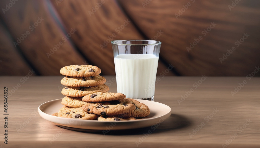 A glass of milk with chocolate chip cookies against a wooden background A glass of milk with chocolate chip cookies against a wooden background