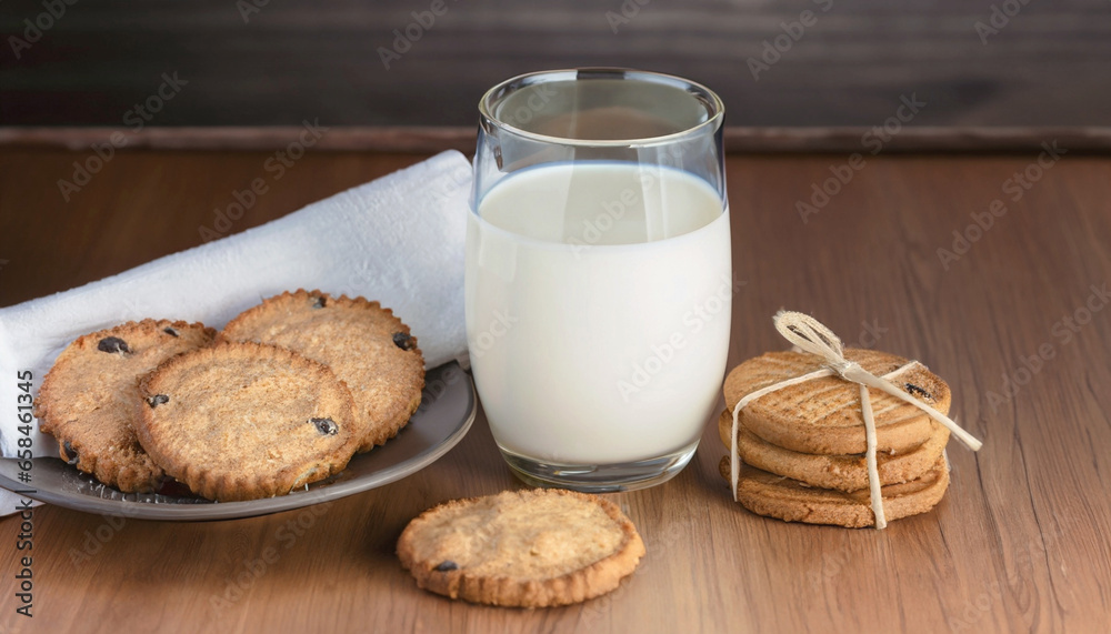 A glass of milk with chocolate chip cookies against a wooden background A glass of milk with chocolate chip cookies against a wooden background