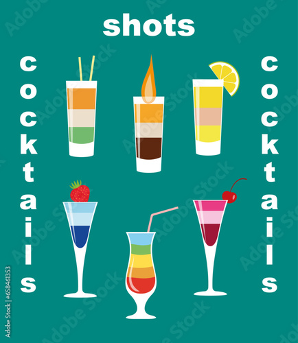 Vector icons of layered cocktails - B-52, rainbow, iceberg, Irish flag, ABC, with cherry liqueur
