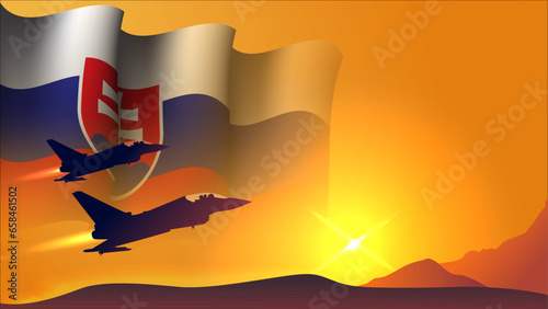 fighter jet plane with slovakia waving flag background design with sunset view suitable for national slovakia air forces day event