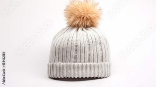 golden Winter Pom Pom Knit Hat Isolated On White Background. Warm Unisex Gray-White Woolen Knitted Cap with Big Pom Pom. Nature Wool.Close-up Side View