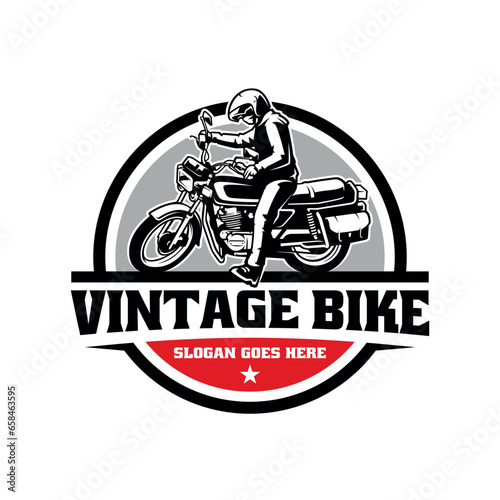 Biker riding retro motorcycle logo vector