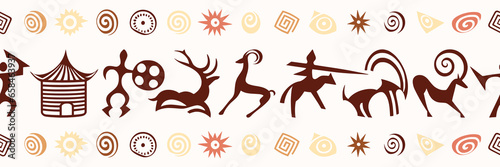 Ethnic seamless border on the theme of rock paintings, vector design, banner