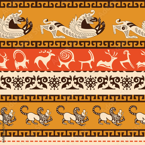 Seamless pattern, ancient Scythian art and petroglyphs, ethnic theme, vector design