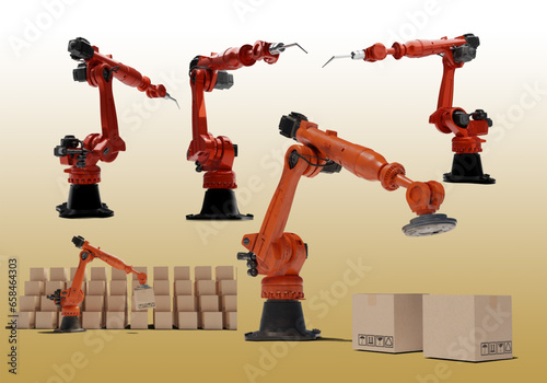 Robot arm Industrial technology Arm Robot AI manufacture Box product manufacturing  -  Created from 3D program not AI