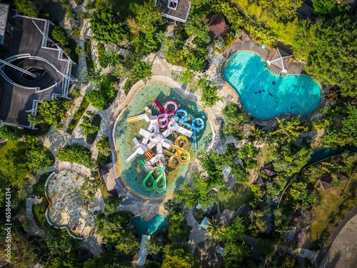 Billede på lærred Aerial view of Jogja Bay Pirates Adventure Waterpark (JBW) is a water adventure tourism destination with a pirate theme