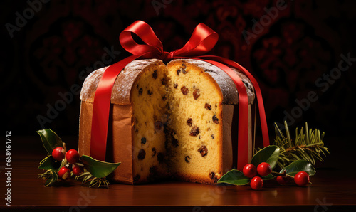 Panettone with chocolate and traditional Italian dessert cake on a decorated table on Christmas Eve.