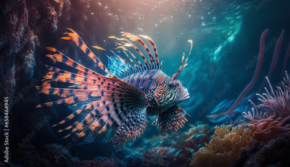 Lion fish hunting among coral reefs. Colorful tropical sea life. Underwater photography. Travel inspiration. Sea ocean wildlife wallpaper - obrazy, fototapety, plakaty 