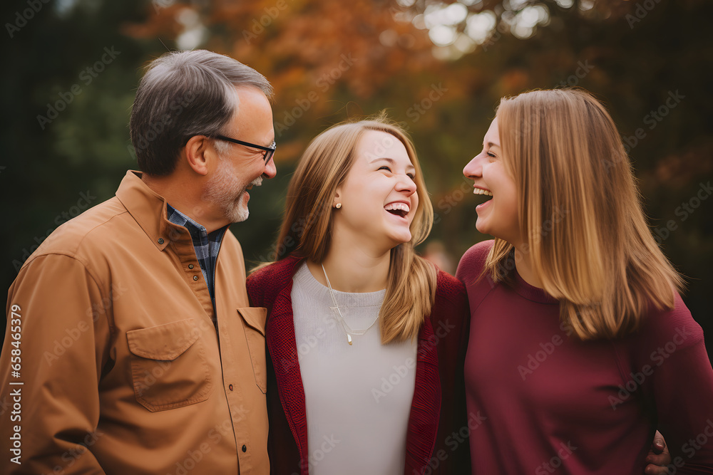 Happy family couple with teen daughter having fun talking to parents, smiling daughter enjoy loving family - obrazy, fototapety, plakaty 