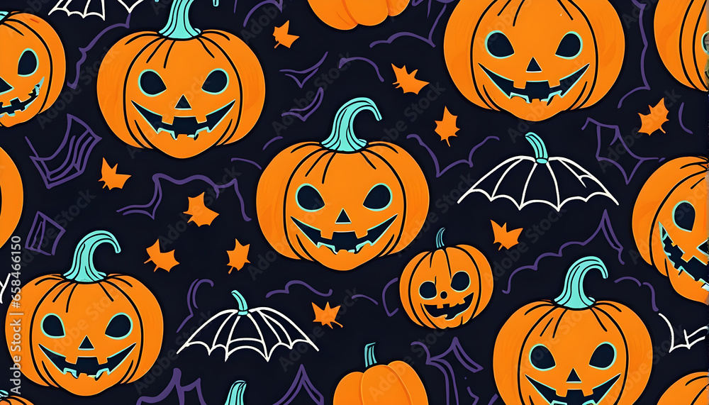 Scary october holiday background in hand drawn style. Spooky autumn party wallpaper print creepy smiling pumpkin texture art.
Halloween jack o lantern cartoon seamless pattern generative AI