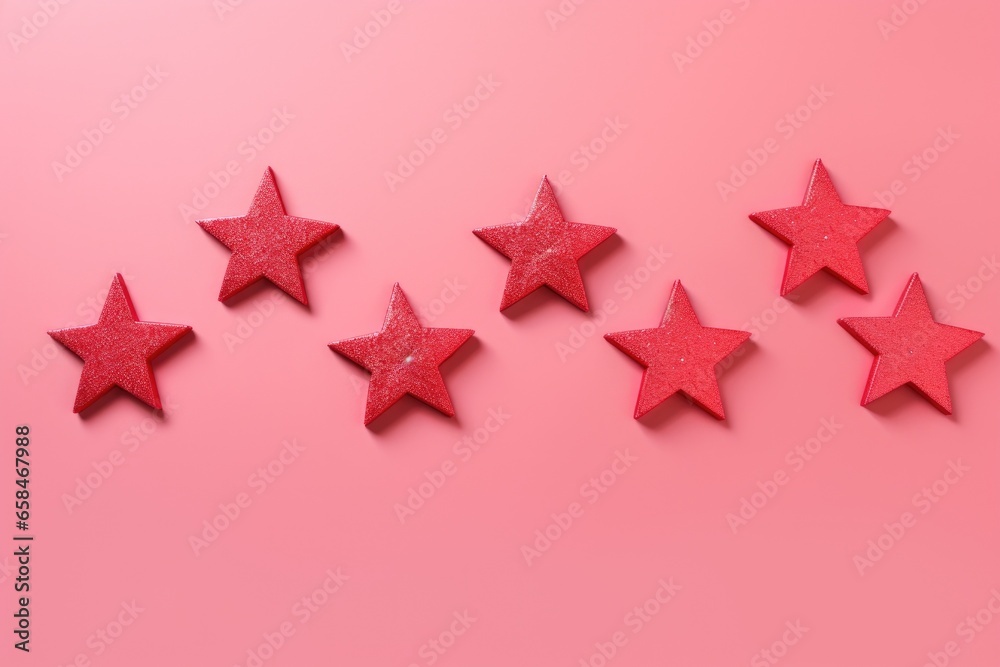 Five shiny red stars are lined up over a pink background