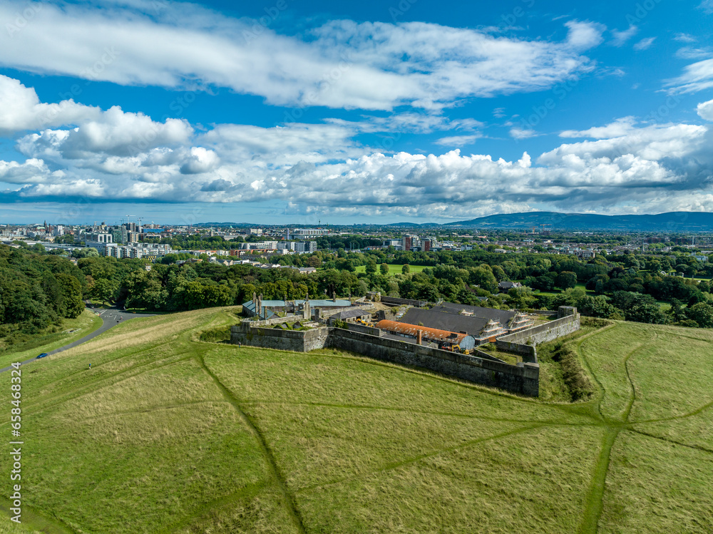 Aerial view of Dublin Magazine Fort in Phoenix park in Ireland with moat cloudy blue sky