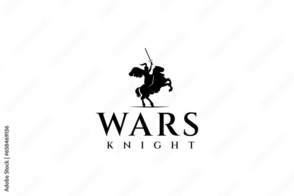 Knight, hero or horse knight logo with sword and shield in silhouette and flat design style - obrazy, fototapety, plakaty 