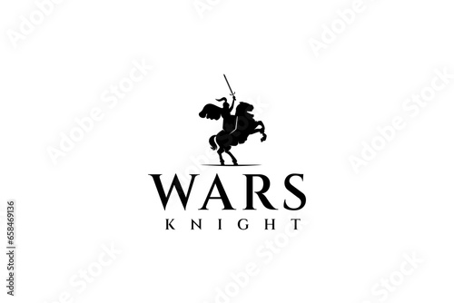 Knight, hero or horse knight logo with sword and shield in silhouette and flat design style