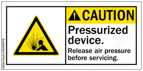 Machinery service warning sign and labels pressurized device. release air pressure before servicing