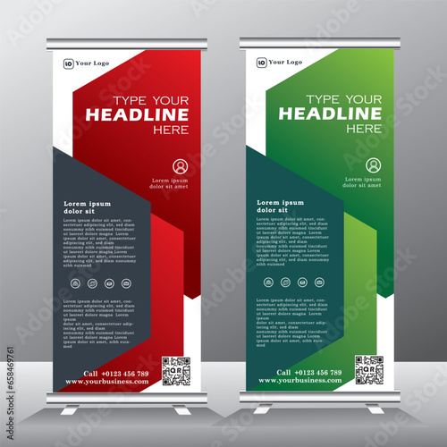 Red and Green Roll Up Banner template vector illustration, abstract background ,standy design , display, advertisement, vertical banner,