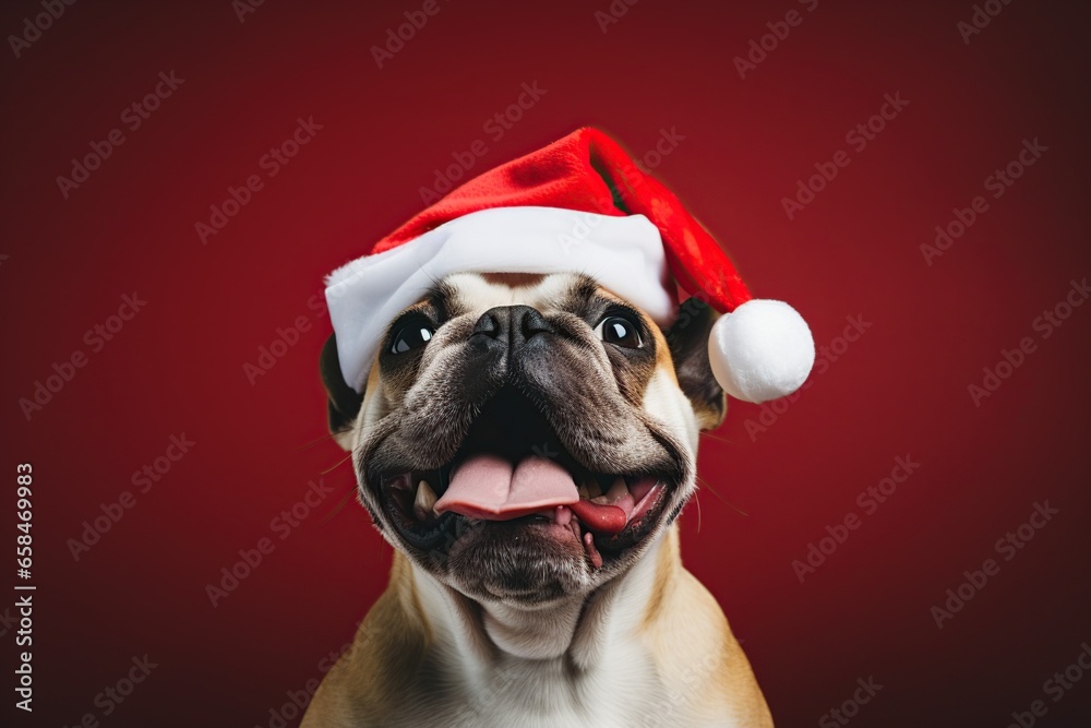 Dog wearing christmas hat, christmas dog celebration, pitbull with christmas hat illustration, Merry Christmas, Generative Ai 
