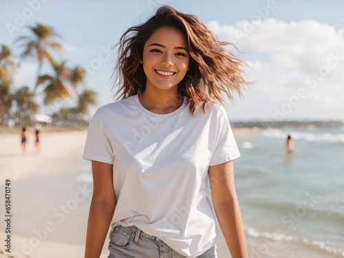 Woman in White T-Shirt at the Beach - Lifestyle Advertisement and T-Shirt Mockup