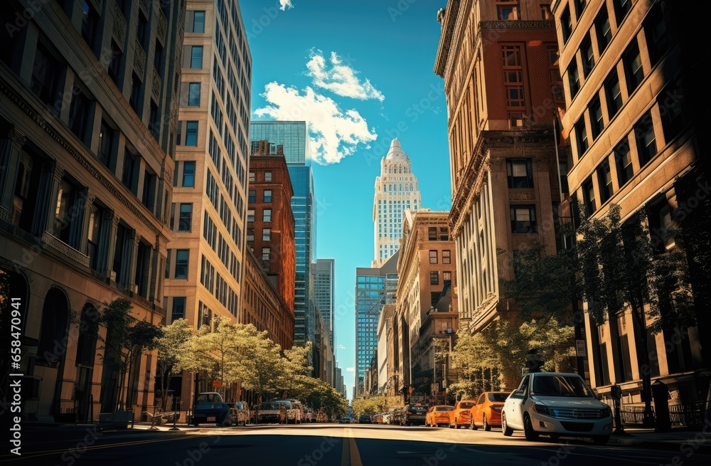 City skyscrapers and street view background.
