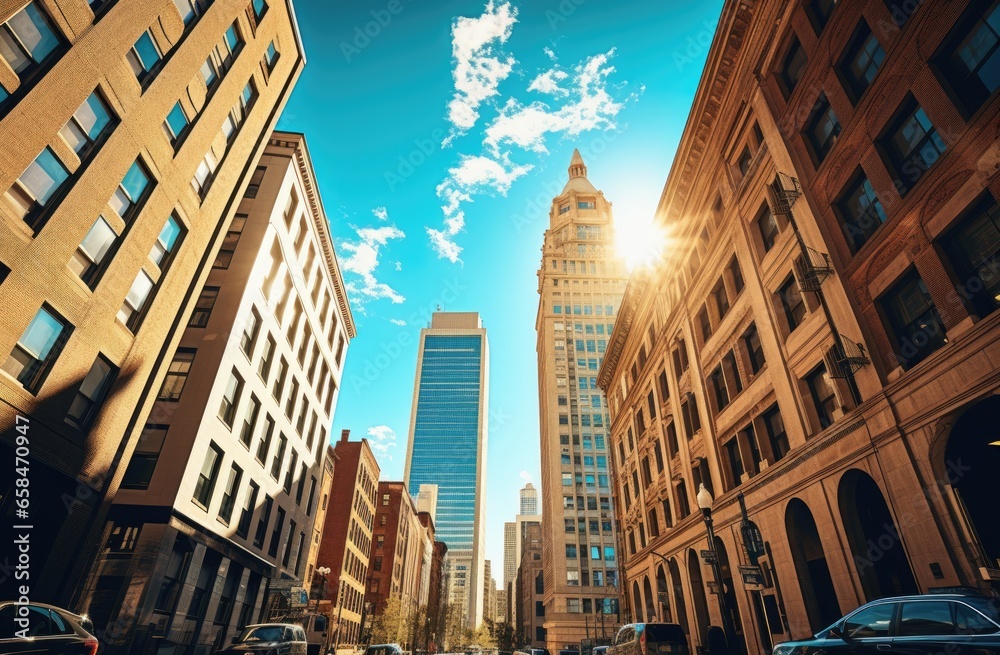 City skyscrapers and street view background.