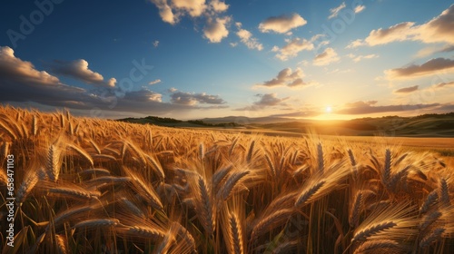 Landscape of a rural summer in the country. Field of ripe golden wheat in rays of sunlight at sunset against background of sky with clouds.