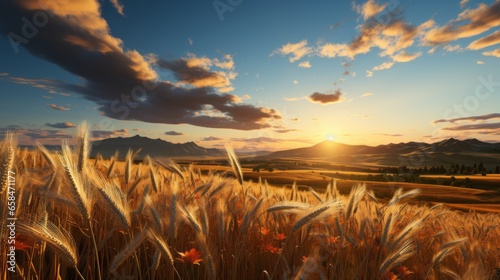 Landscape of a rural summer in the country. Field of ripe golden wheat in rays of sunlight at sunset against background of sky with clouds.