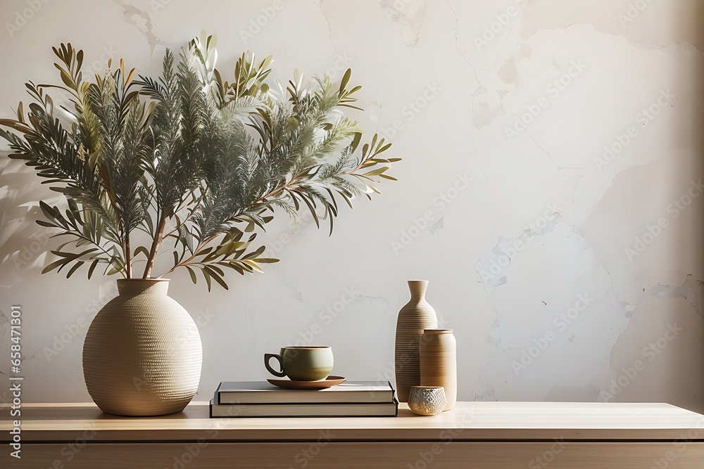 Neutral Mediterranean home design. Textured vase with olive tree branches, cup of coffee. Books on wooden table. Living room still life. Empty wall copy space.
