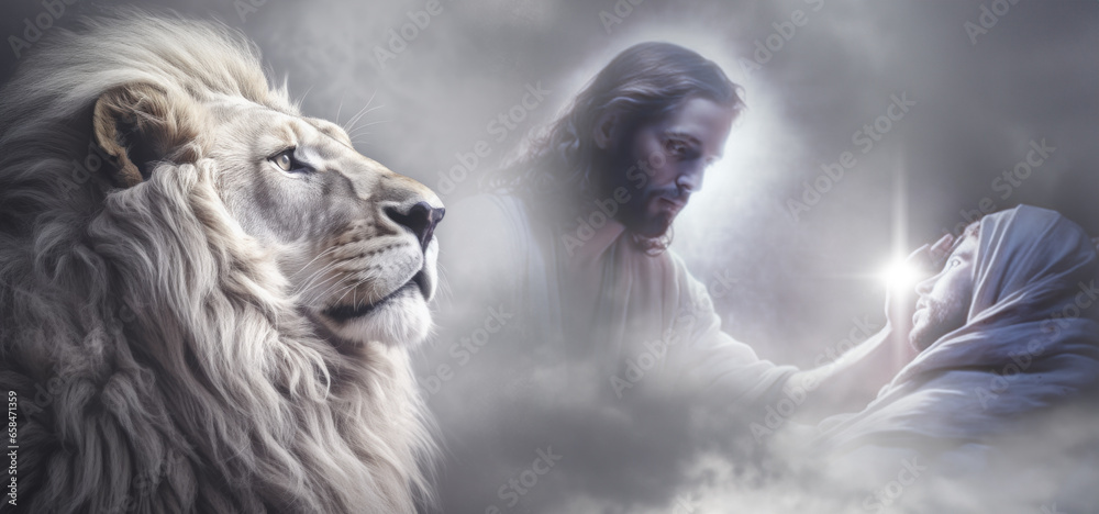 Jesus Christ Lord's Touch.  Jesus, the Lord and Healer, Laying Hands on a Sick Man,  The Lion of Judah.  Religion Art.  - obrazy, fototapety, plakaty 