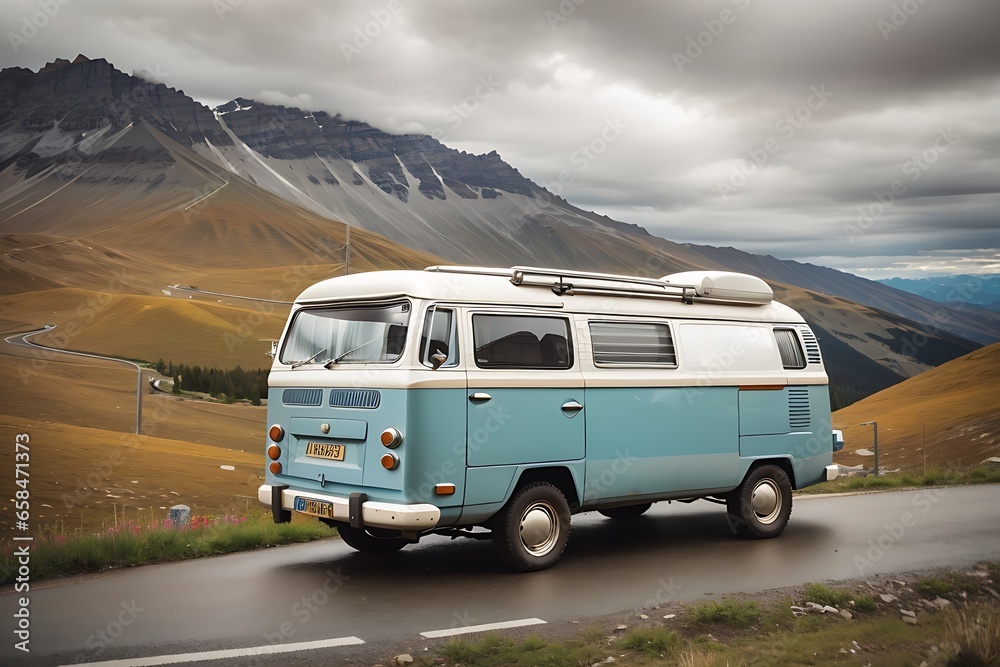 On the Road Again vintage camper van parked on a winding mountain road ...
