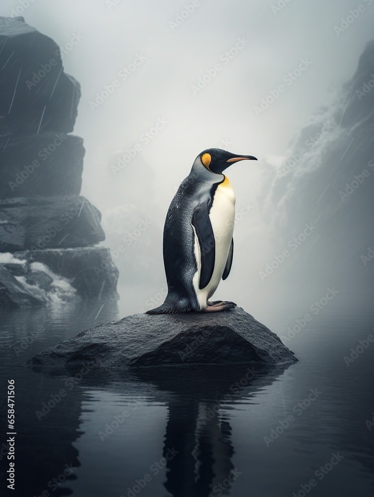Fototapeta premium Penguin illustration background, penguin dancing snow in sunset background, Generative Ai 