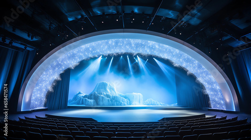 A Large Empty Arched Stage with a Glacial Theme Backdrop