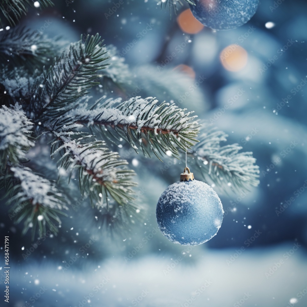 Christmas balls decorated pine tree.