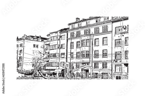 Building view with landmark of Sarajevo is the capital of Bosnia and Herzegovina. Hand drawn sketch illustration in vector.