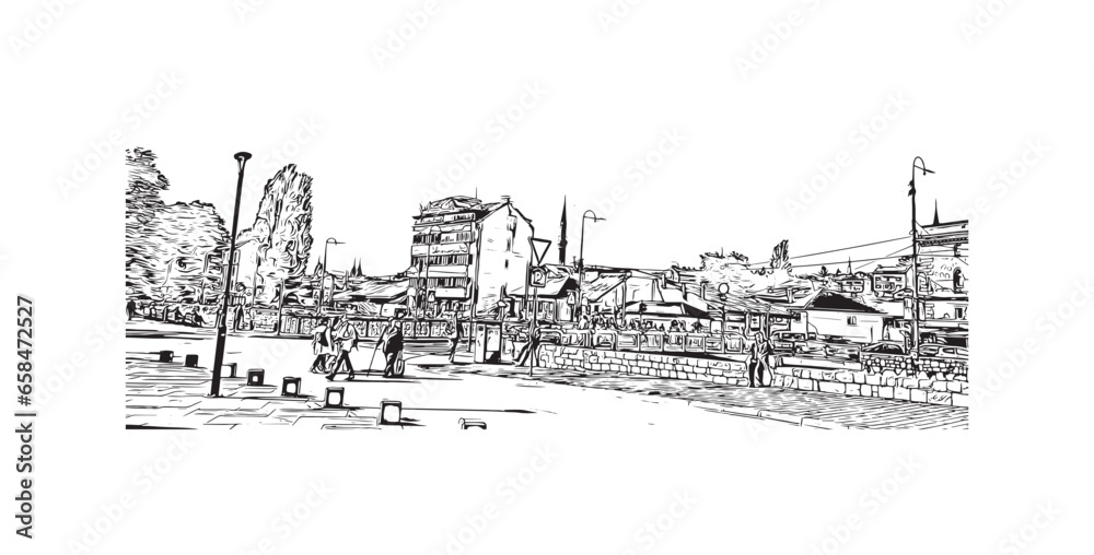 Building view with landmark of Sarajevo is the capital of Bosnia and Herzegovina. Hand drawn sketch illustration in vector.