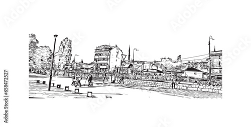 Building view with landmark of Sarajevo is the capital of Bosnia and Herzegovina. Hand drawn sketch illustration in vector.
