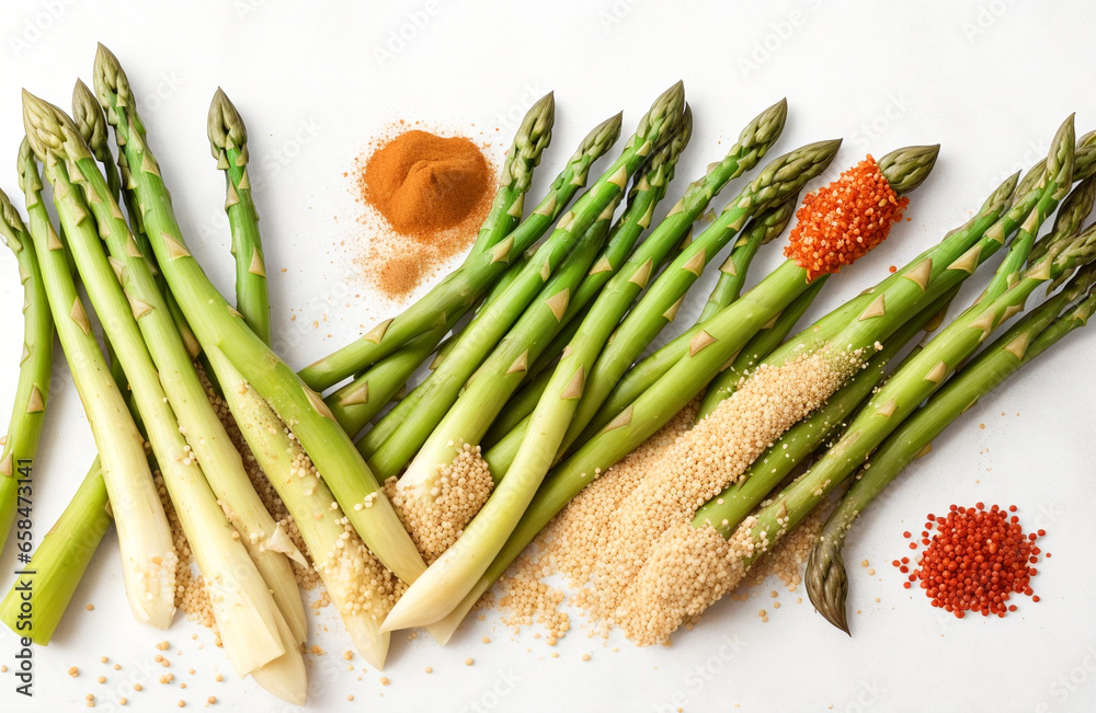 Bunch of raw asparagus stems with different spices and ingredients on white background Bunch of raw asparagus stems with different spices and ingredients on white background