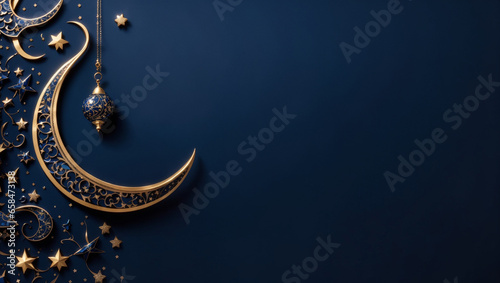 stars and crescents minimalist Islamic ornament over dark blue background. Backdrop with copy space