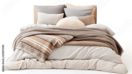 Bed with Pillows and Blankets on a White Background