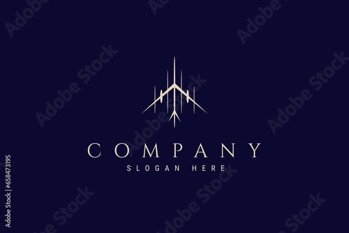 Passenger airplane logo in gold color with linear design style