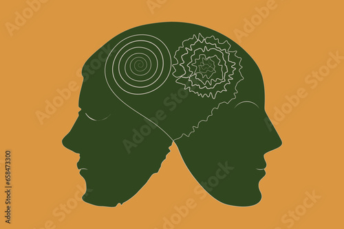Metaphor bipolar disorder, Double face, Split personality, Parkinson, Psychology, Dual personality Mental health concept, Web banner, poster. 
