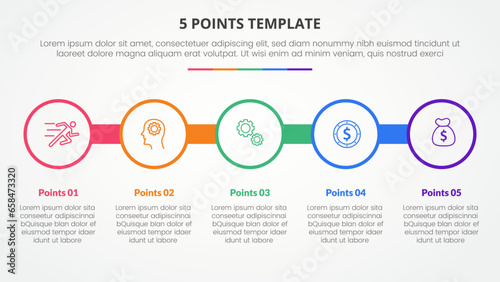 5 points stage template infographic concept for slide presentation with big circle outline on line horizontal with 5 point list with flat style