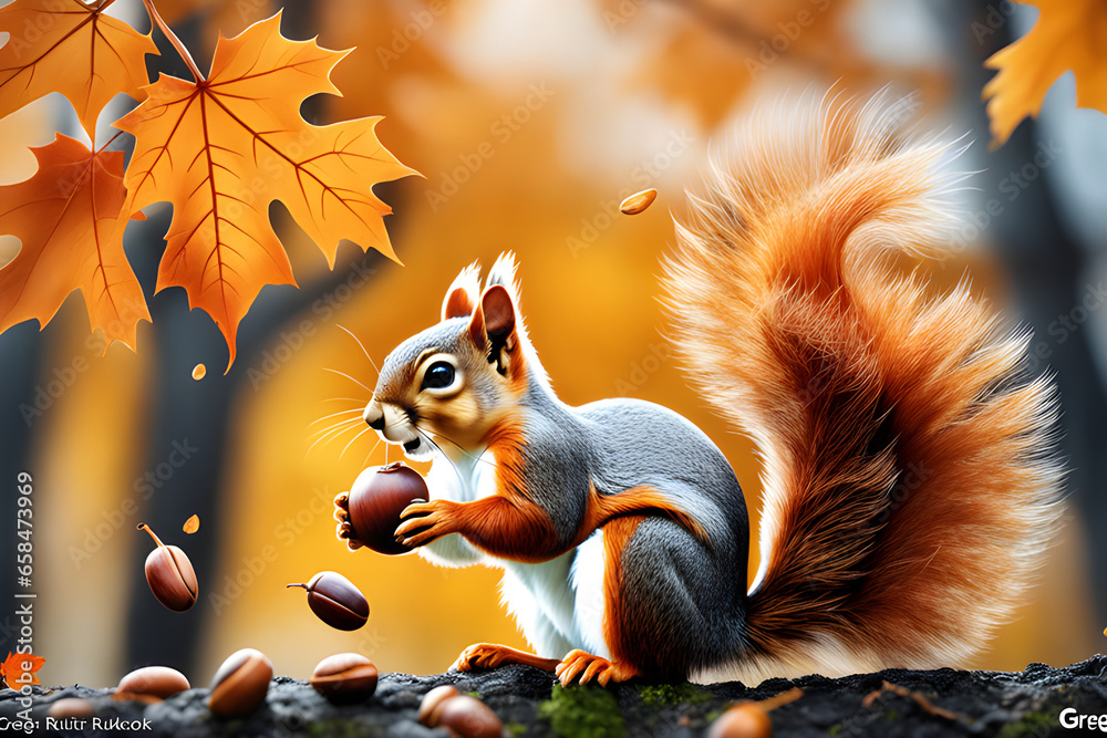 Fototapeta premium Autumn weather with falling maple leaves. Draw a squirrel that eats acorns Generative AI