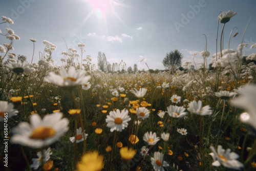 A fresh and idyllic view of a flower meadow with pink and white cosmos blossoms and a clear blue sky in the background. AI Generative.