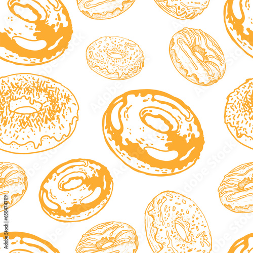 Pattern with buns, bread, hand-drawn. Vintage pastries, desserts made of wheat, coarse flour for a bakery or cafeteria. Background for cafe menu, for textiles.