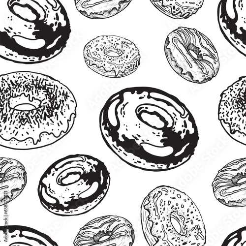 Pattern with buns, bread, hand-drawn. Vintage pastries, desserts made of wheat, coarse flour for a bakery or cafeteria. Background for cafe menu, for textiles.