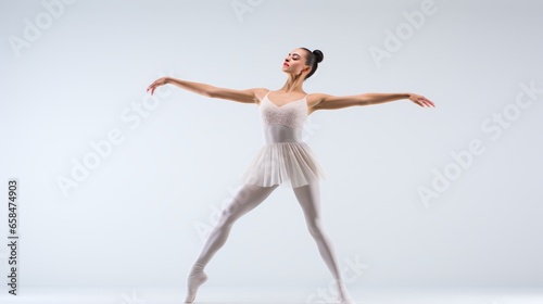 Dancing on Air: Graceful Ballet Dancer Poses with Elegance on White