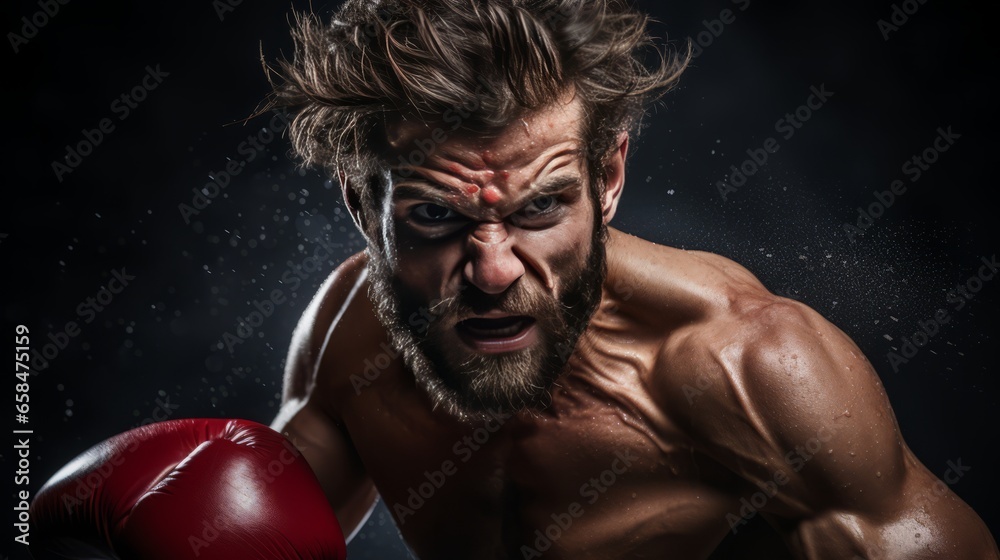 Unleashing Power: Fierce Male Boxer Throws a Knockout Punch on Black
