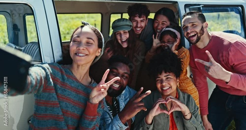 People, friends and road trip selfie for outdoor adventure, countryside holiday and peace sign on social media. Group, diversity and influencer in profile picture, video call and summer travel by van
