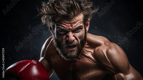 Unleashing Power: Fierce Male Boxer Throws a Knockout Punch on Black © danter